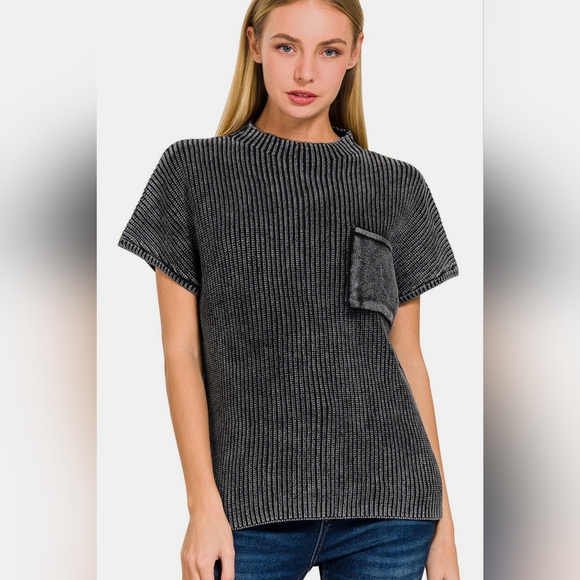 Zenana Pocketed Mock Neck Short Sleeve Sweater - Picture 6 of 6